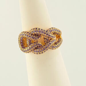 Bomb Party Ring Sz 7 "Melody’s Muse" Purple Topaz on Yellow Gold Pave Knot Link